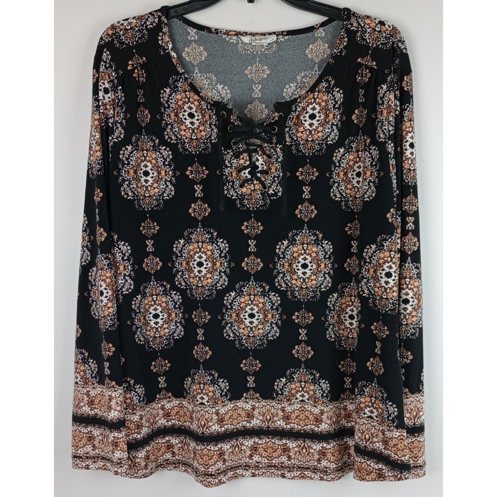 Style & Co Womens L Black Brown White Mandala Front Lace Up Long Sleeve Blouse